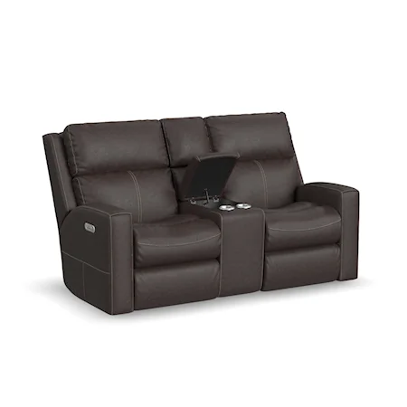 Contemporary Power Reclining Loveseat with Console, Power Headrests & Lumbar