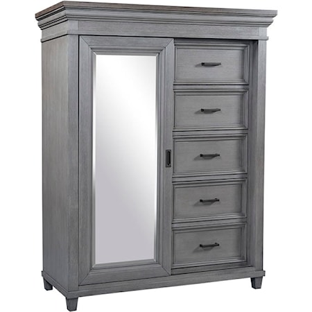 Farmhouse Sliding Door 5-Drawer Chest with Adjustable Interior Shelving and Felt-Lined Top Drawer