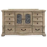 Traditional 9-Drawer Dresser with 2 Glass Doors