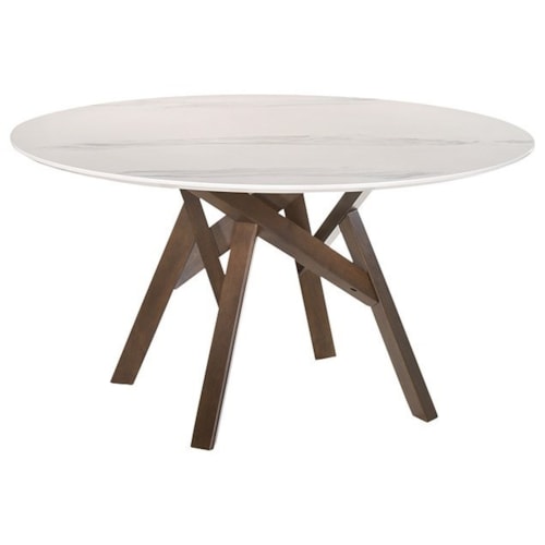 Mid-Century Modern 54" Round White Marble Dining Table with Walnut Wood Legs