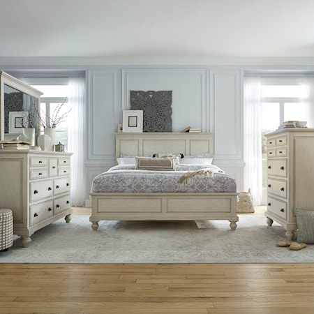 Transitional Queen Panel Bed, Dresser & Mirror, Chest