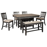 Relaxed Vintage 6-Piece Counter Table with Wine Storage, Stools, and Bench