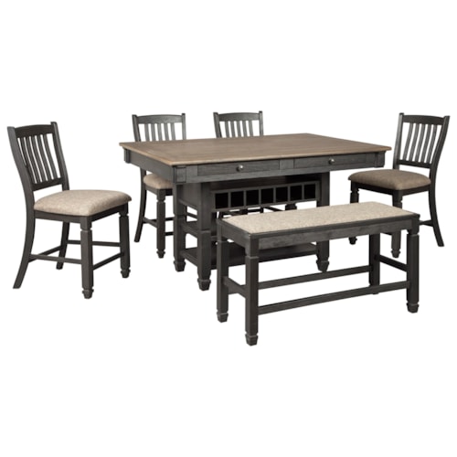 Relaxed Vintage 6-Piece Counter Table with Wine Storage, Stools, and Bench