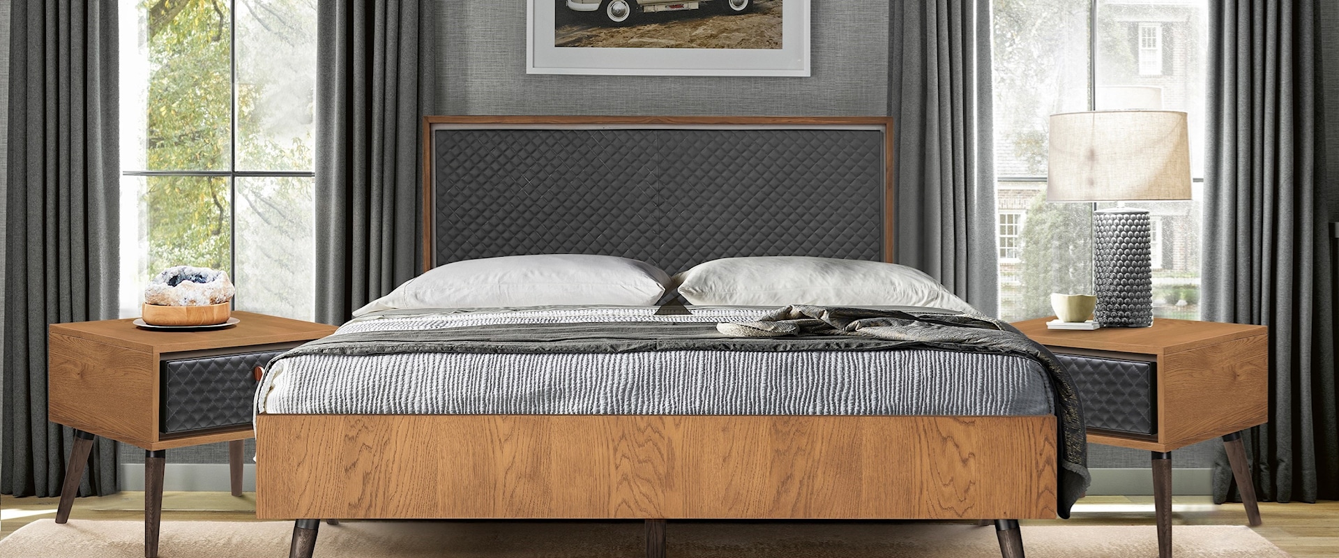 Rustic 3-Piece Upholstered Platform Bedroom set in Queen with 2 Nightstands