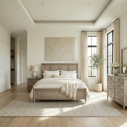 Transitional 4-pc. California King Panel Bedroom Set with Nightstand, Dresser & Mirror