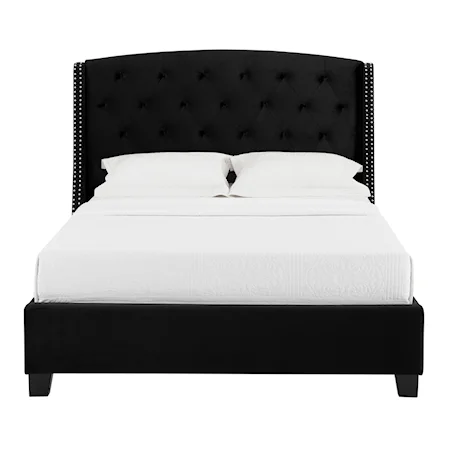 Upholstered Queen Bed with Button Tufting and Demi-Wings