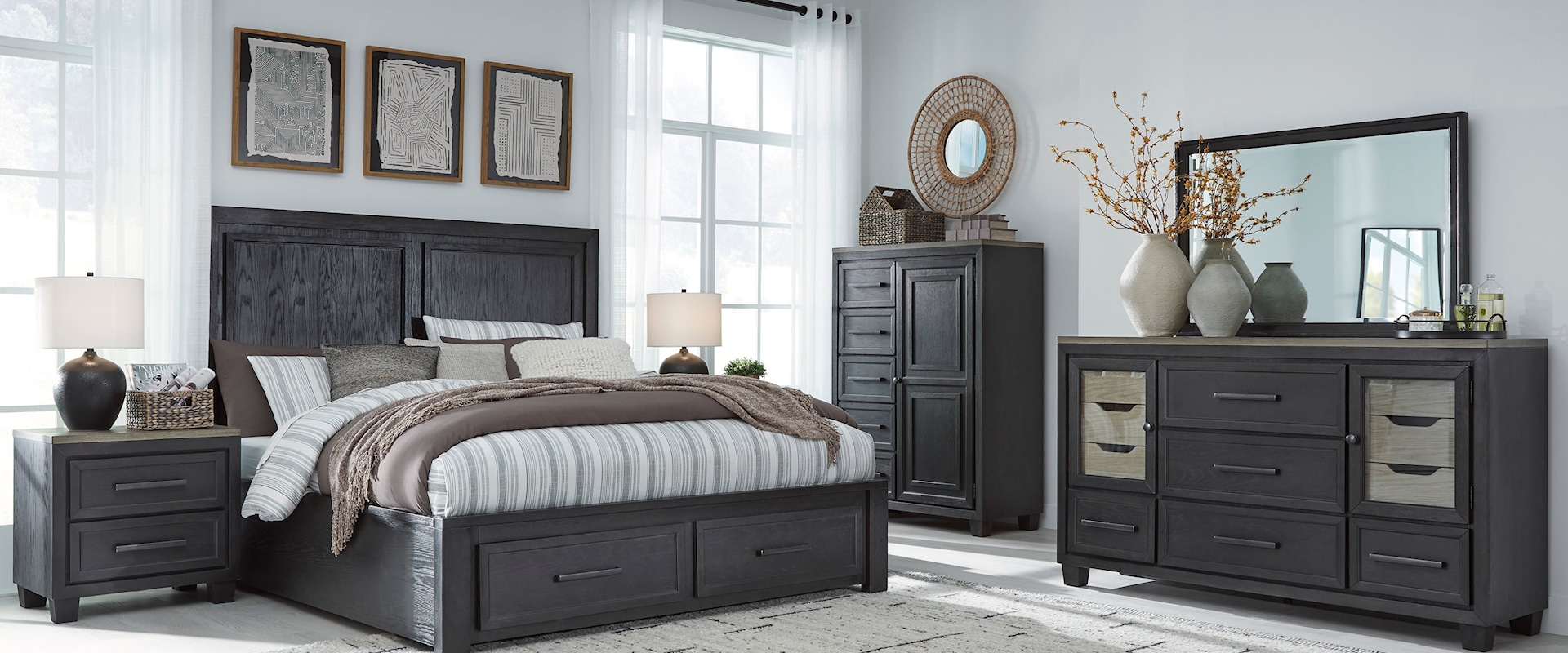 Contemporary Two-Tone Queen Platform Storage Bedroom Set