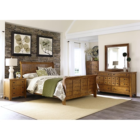 Rustic 5-Piece King Bedroom Group with Antique Brass Hardware