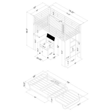 Twin Futon Workstation Loft Bed w/ Futon Pad