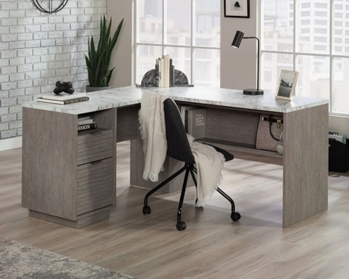 Contemporary L-Shaped Desk with File Drawer & Open Shelving