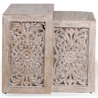 Boho Wood Chairside Nesting Table with Hand-Carved Botanical Motif