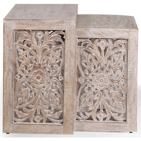 Boho Wood Chairside Nesting Table with Hand-Carved Botanical Motif