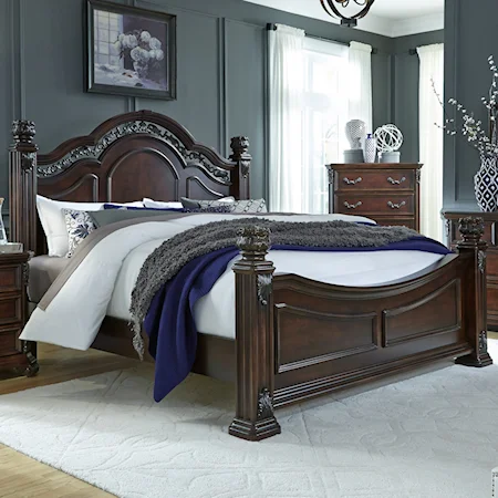 Traditional California King Poster Bed with Acanthus Leaf Carving Accents