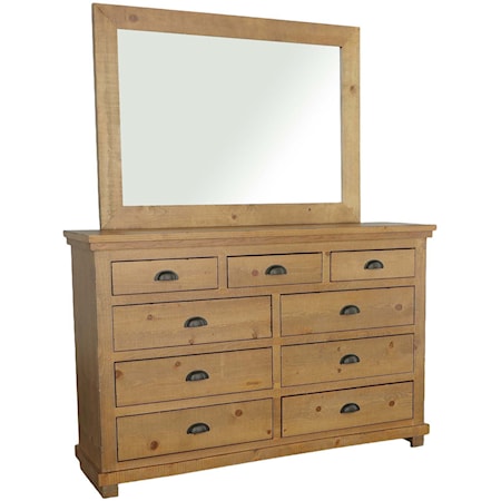 Distressed Pine Drawer Dresser & Mirror