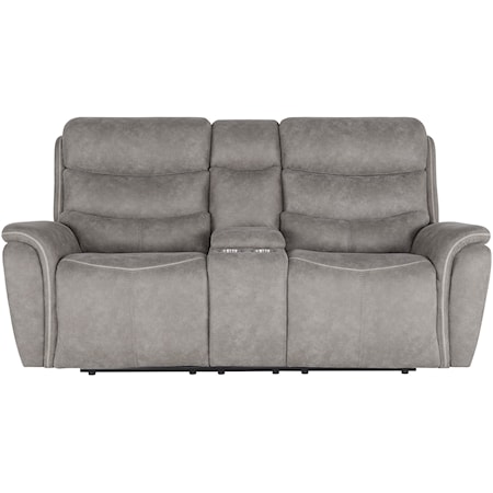Casual Gray Power Reclining Loveseat with Adjustable Headrests
