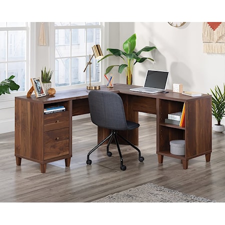 Mid-Century Modern L-Shaped Office Desk with Open Shelf Storage