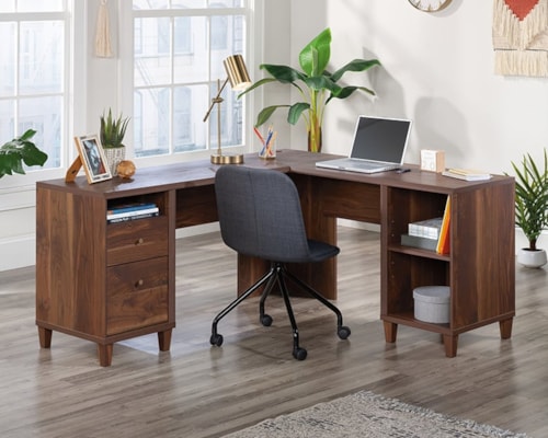 Mid-Century Modern L-Shaped Office Desk with Open Shelf Storage