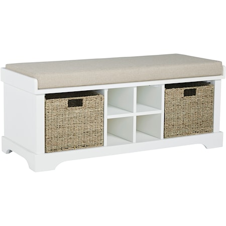 White Cushioned Storage Bench with 4 Cubbies and 2 Rattan Baskets