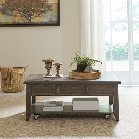 Traditional Lift Top Cocktail Table with Lower Shelf