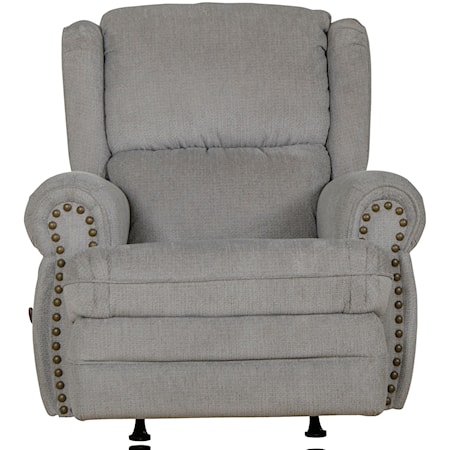 Traditional Rocker Recliner with Rolled Arms and Nailhead Trimming