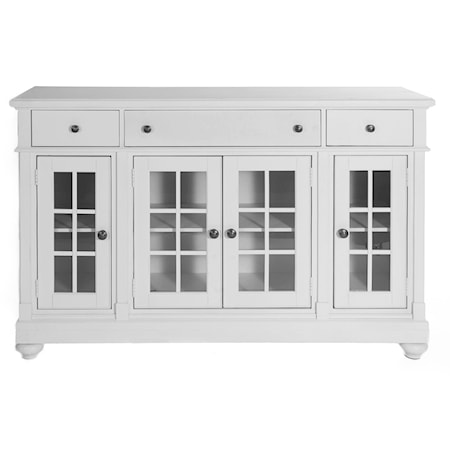 Cottage 4-Door Buffet with 3 Adjustable Shelves and Glass Windowpane Panels