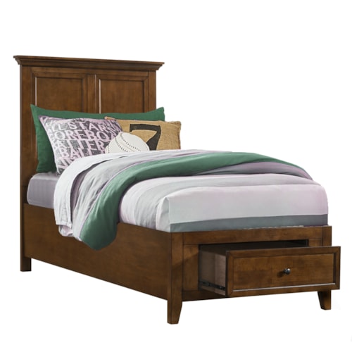 Transitional Youth Twin Storage Panel Bed with 1 Footboard Drawer