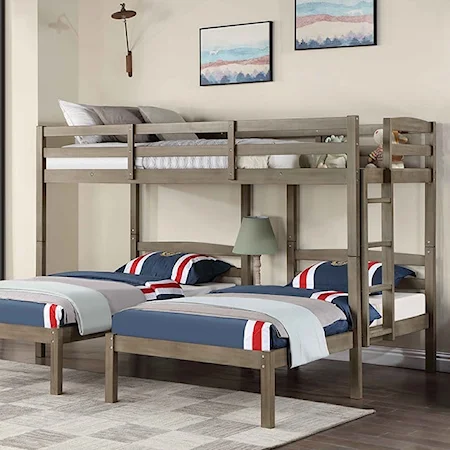 Transitional Triple Twin Gray Bunk Bed with Built-In Night Stand and Power Outlets