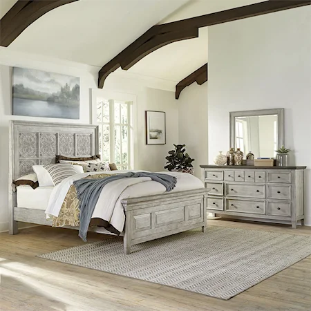 Farmhouse 3-Piece Decorative Queen Panel Bedroom Group with Felt-Lined Drawers