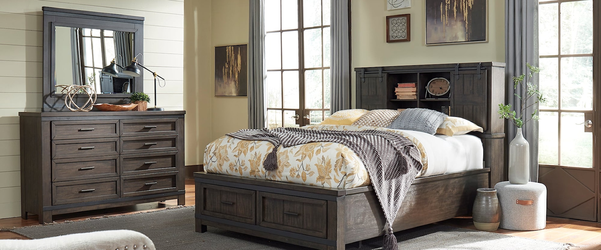 Transitional 3-Piece King Panel Bookcase Bed with Storage Footboard Set