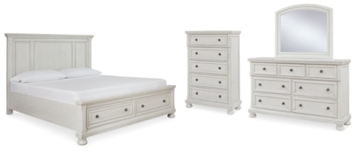 Queen Panel Storage Bed, Dresser, Mirror And Chest