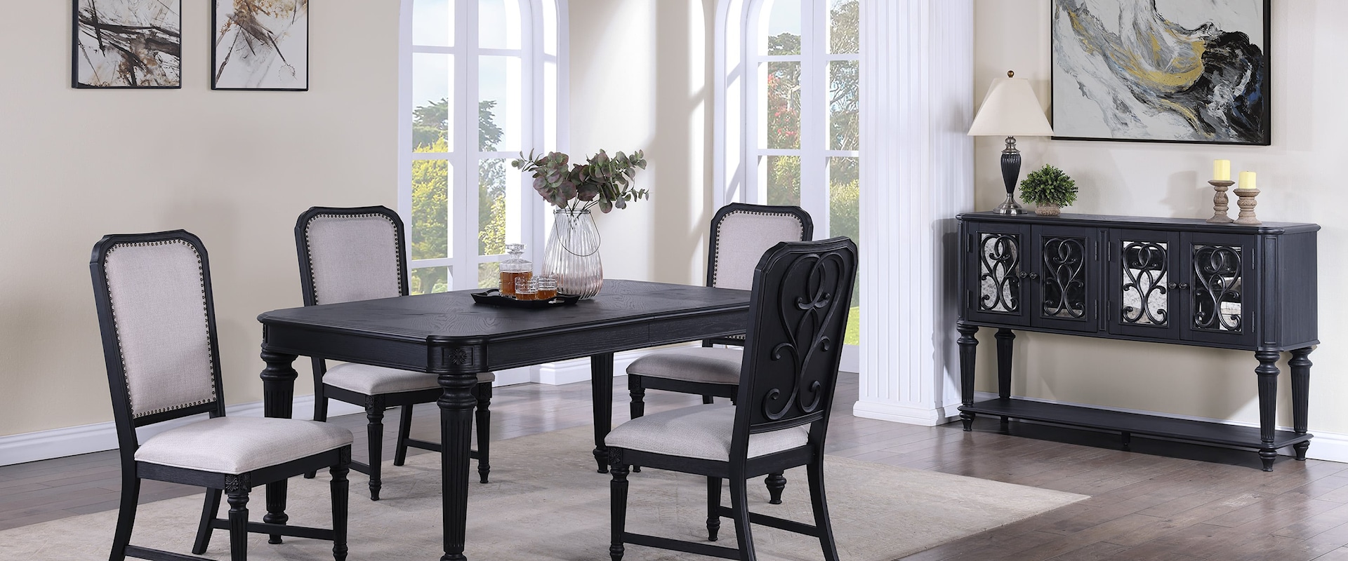 Transitional 6-Piece Dining Set with Side Chairs and Sideboard