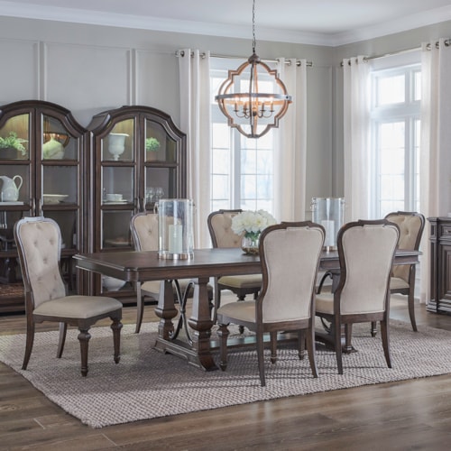Traditional 7-Piece Trestle Table Set with Upholstered Side Chairs
