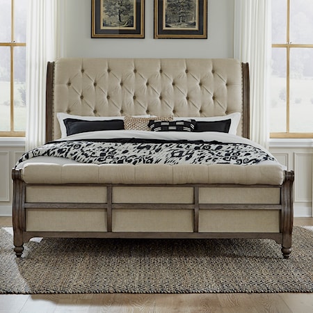 Transitional Upholstered King Sleigh Bed with Button Tufting