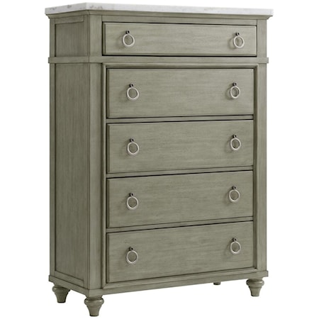 Transitional 5-Drawer Bedroom Chest with White Marble Top