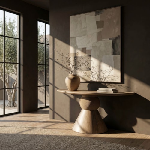 Contemporary Demilune Pedestal Console Table with Cord Accenting