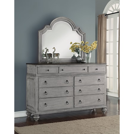 Relaxed Vintage Dresser and Mirror Combo with 9-Drawers