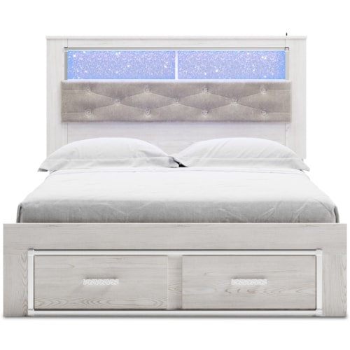 Queen Storage Bed with Upholstered Bookcase Headboard