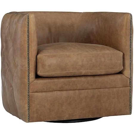 Transitional Leather Swivel Barrel Chair with Nailhead Trim