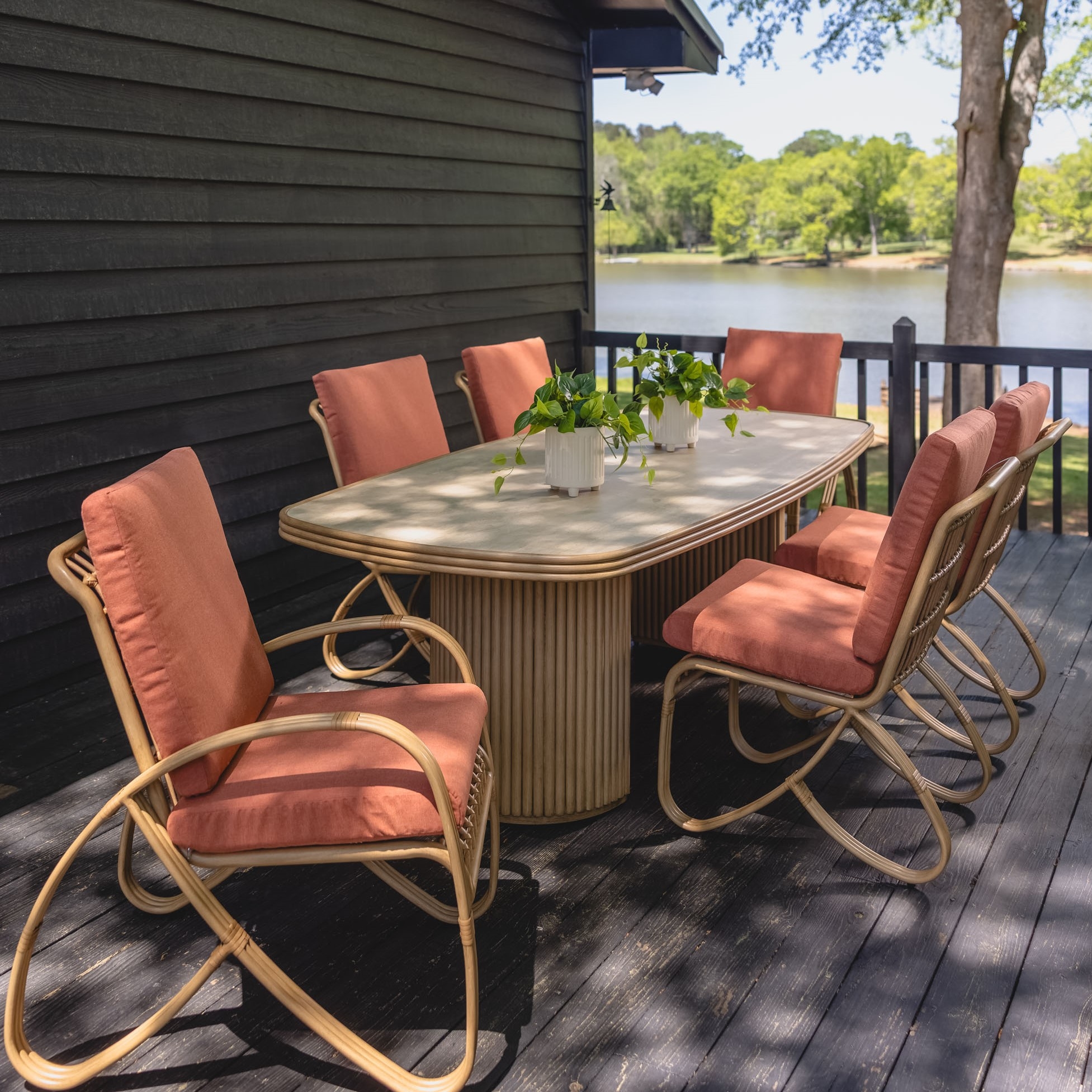 Lloyd Flanders Riviera 95" Double-Pedestal Dining Table w/Stone Top