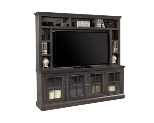 Transitional 85" TV Console and Hutch with Glass Doors