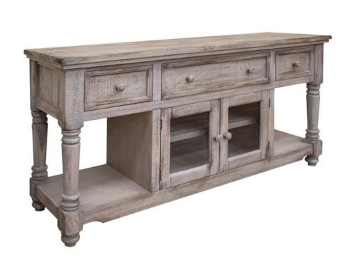 Farmhouse 3-Drawer 70" TV Stand 2 Glass-Front Doors