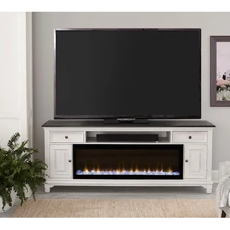 Rustic 80 Inch Console with Built In Firebox and Wire Management