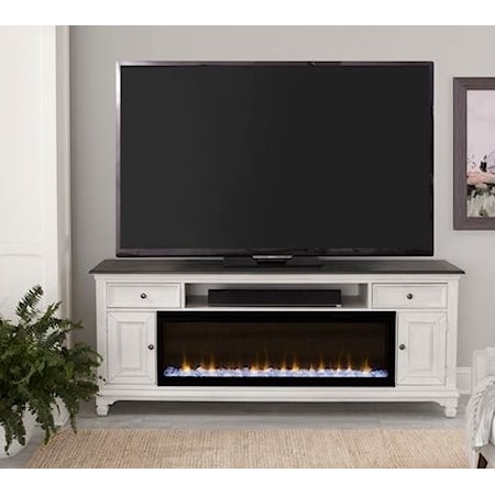 Rustic 80 Inch Console with Built In Firebox and Wire Management