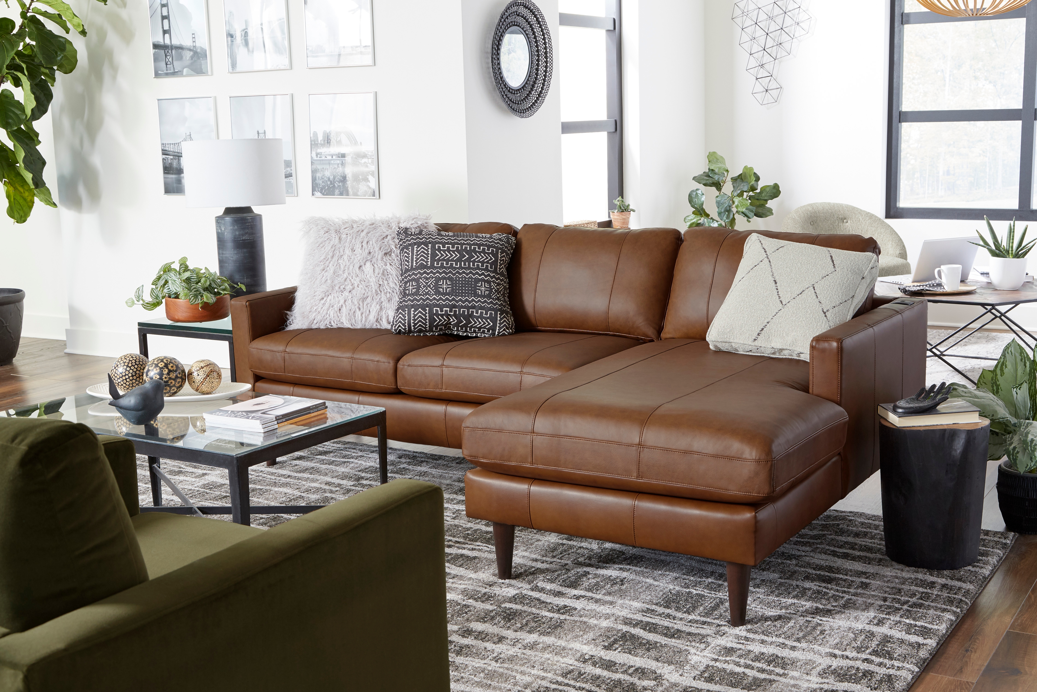 Best Home Furnishings Trafton Leather Chaise Sofa w/ USB Port & Wood Feet