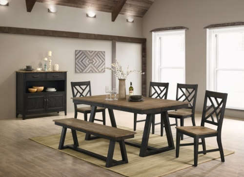 Transitional 7-Piece Dining Set with Bench Seating and Sideboard
