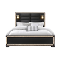 Contemporary Upholstered King Panel Bed with Lamps