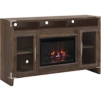 Transitional Fireplace Console Table with Open Shelving and Glass Doors