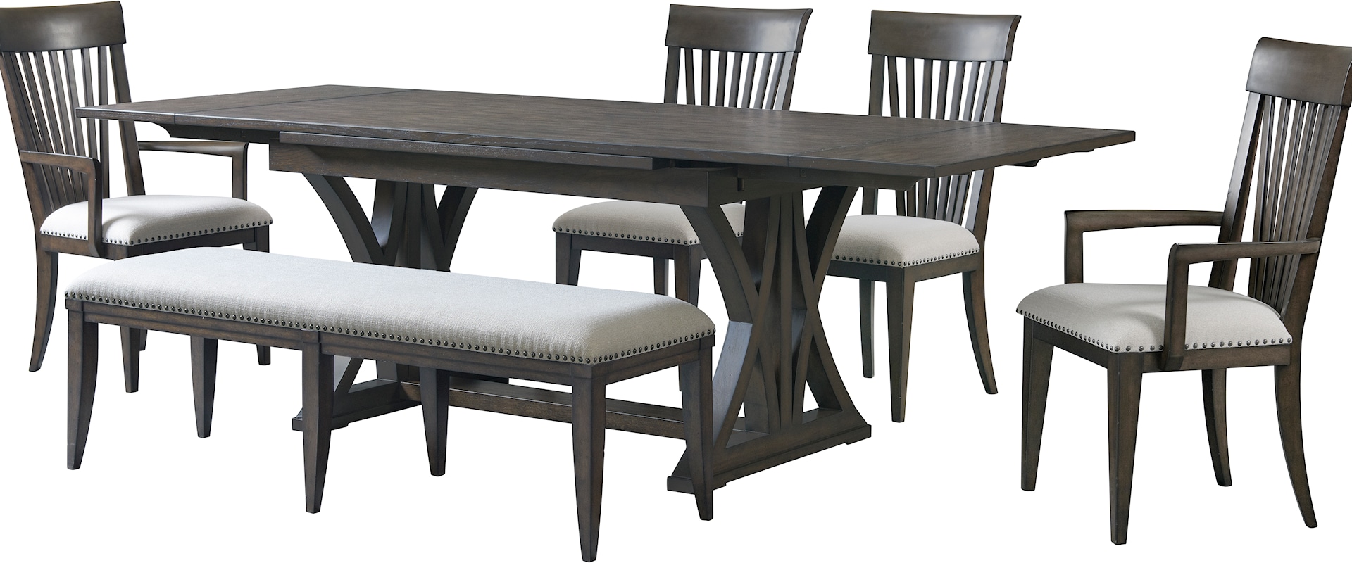 Transitional 6-Piece Dining Set with with Slat Back Arm and Side Chairs, and Bench
