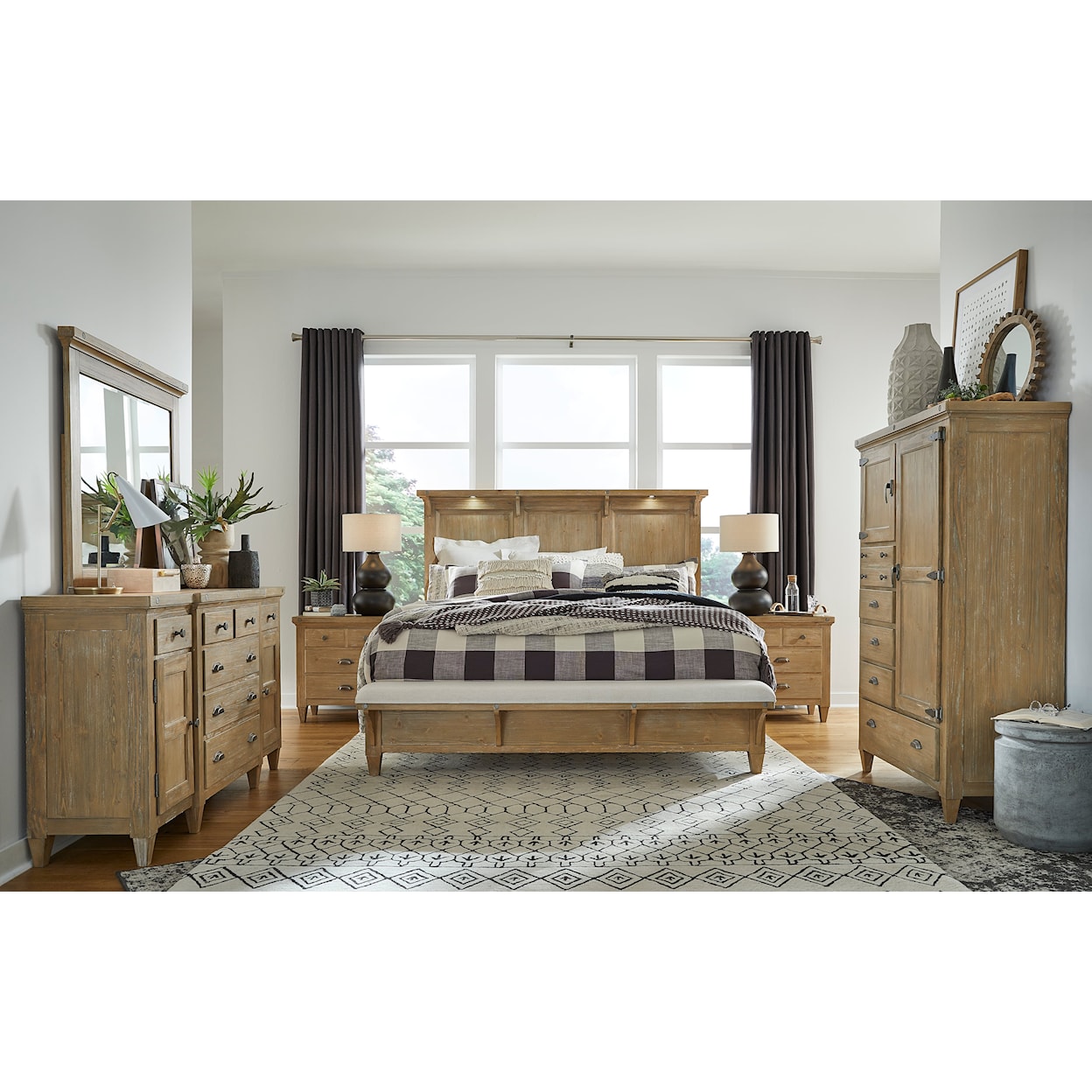 Magnussen Home Lynnfield Bedroom Queen Lighted Panel Bed with Bench