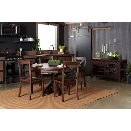 Rustic Dining Set with 4 Chairs and Beverage Cart